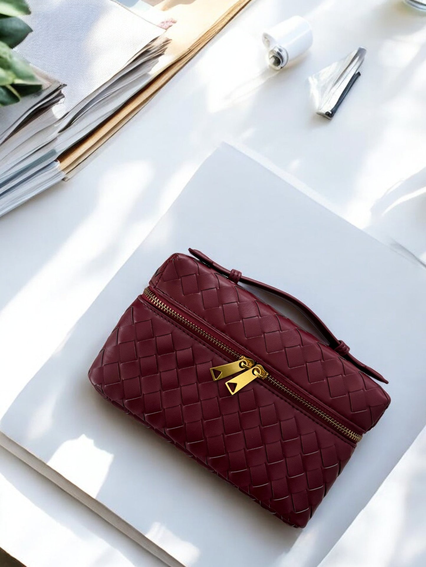 Woven Burgundy Handbag with Strap