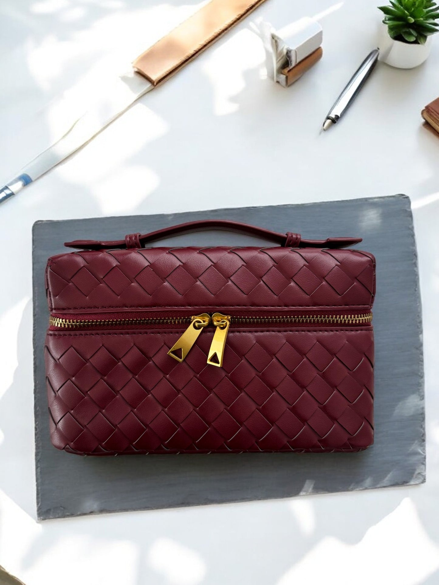 Woven Burgundy Handbag with Strap