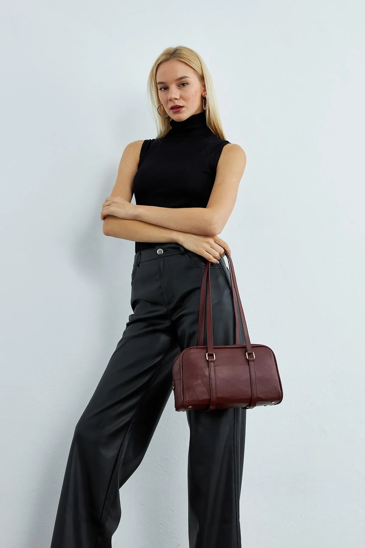 Dark Red Bag with Long Double Handle