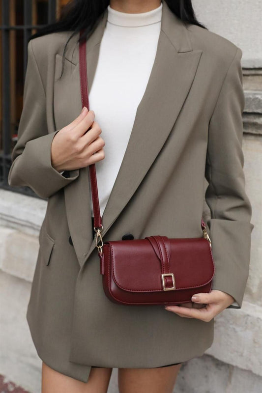 Dark Red Crossbody Bag with Buckle