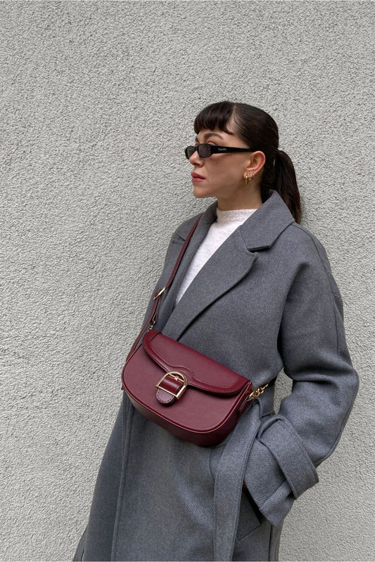 Wine Red Crossbody Bag with Golden Buckle