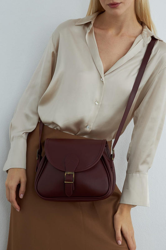 Dark Red Leather Bag with Crossbody Strap