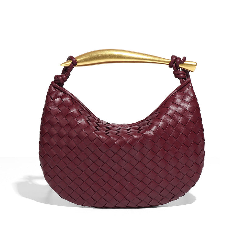 Gold Handle Woven Patterned Burgundy Bag