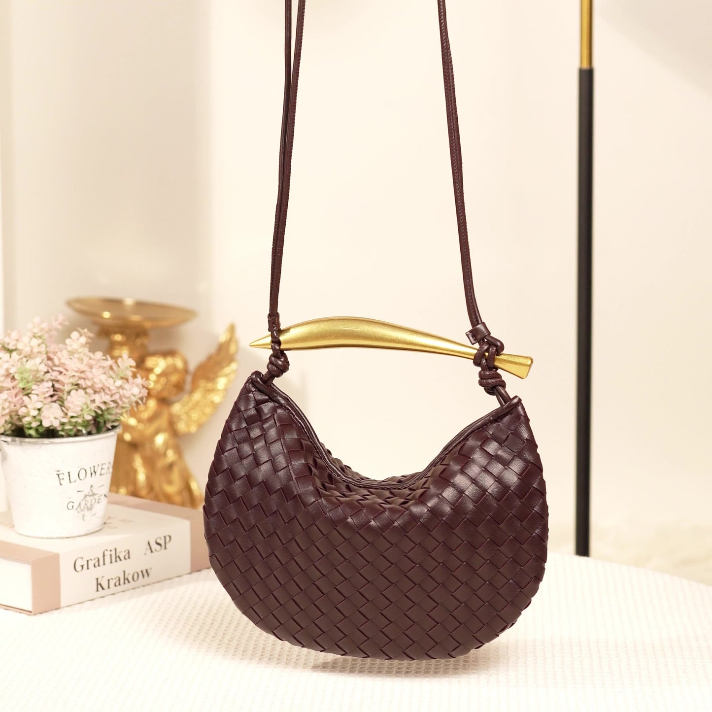 Gold Handle Woven Patterned Burgundy Bag