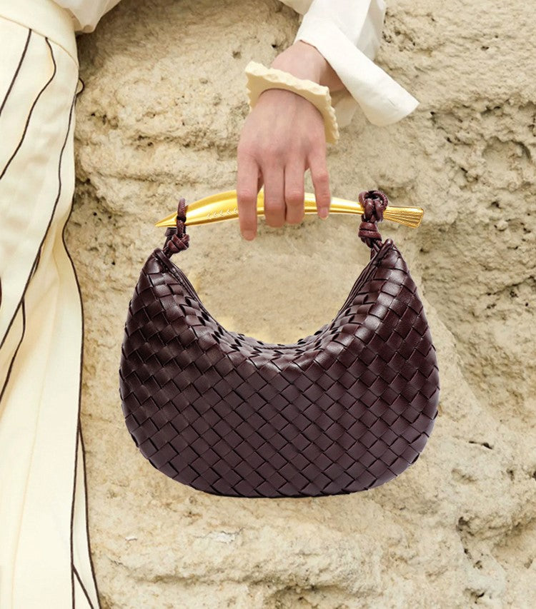 Gold Handle Woven Patterned Burgundy Bag