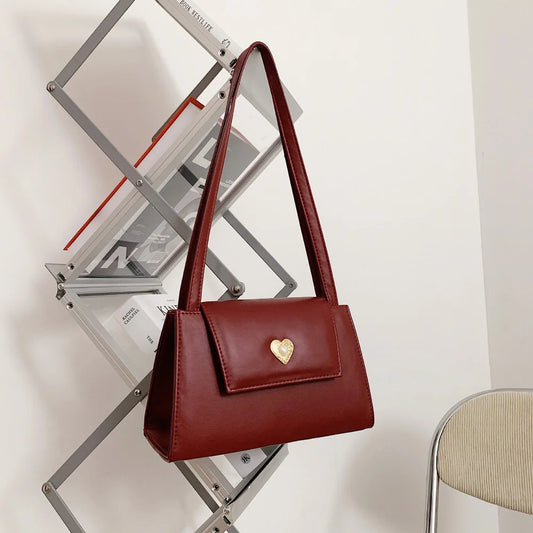 Wine Red Retro Bag with Heart Buckle