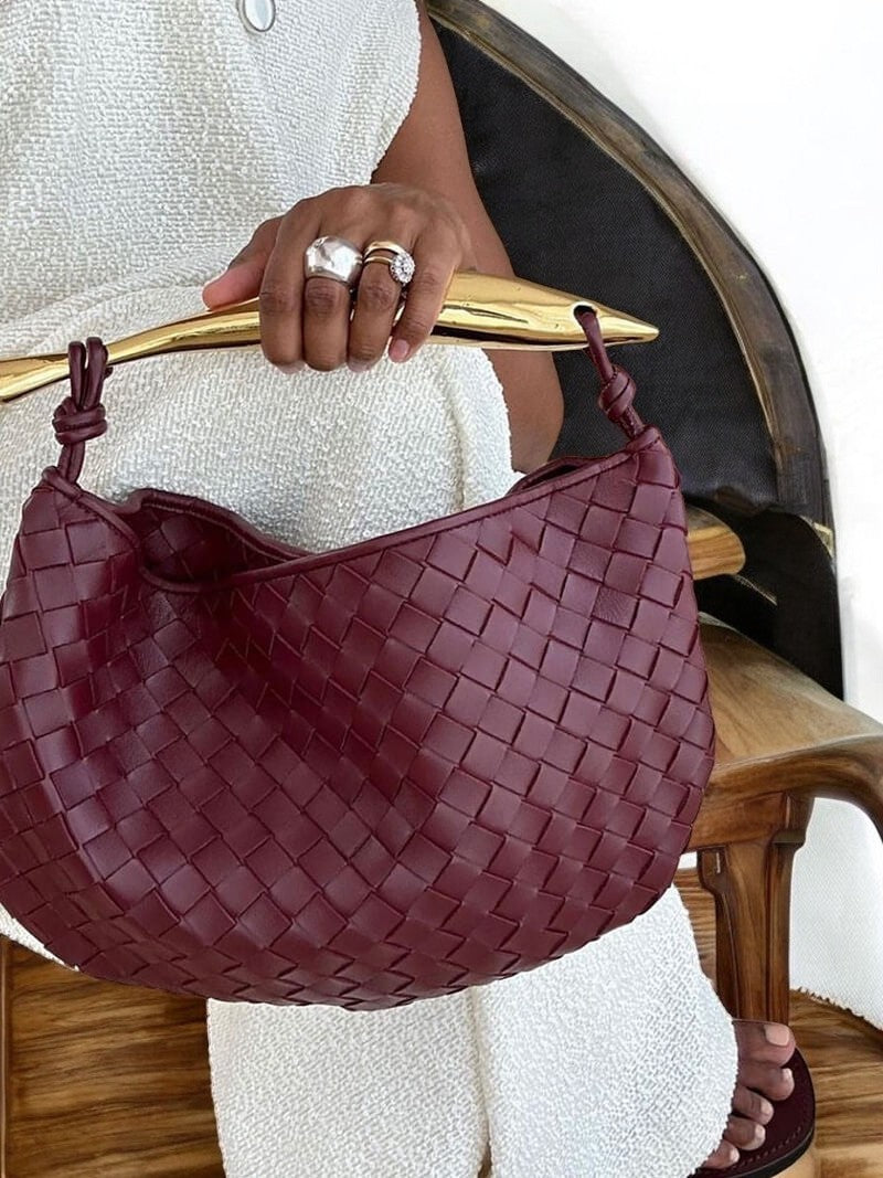 Gold Handle Woven Patterned Burgundy Bag