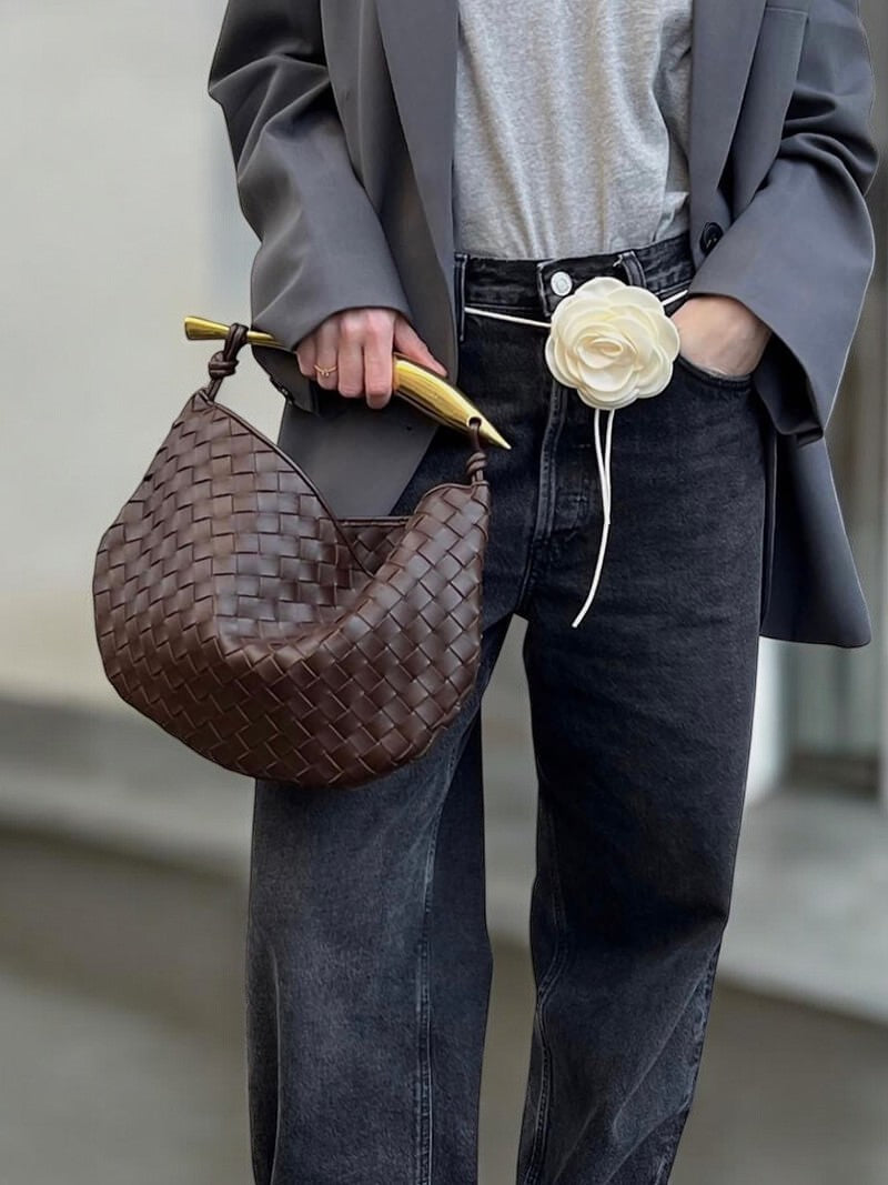 Gold Handle Woven Patterned Burgundy Bag